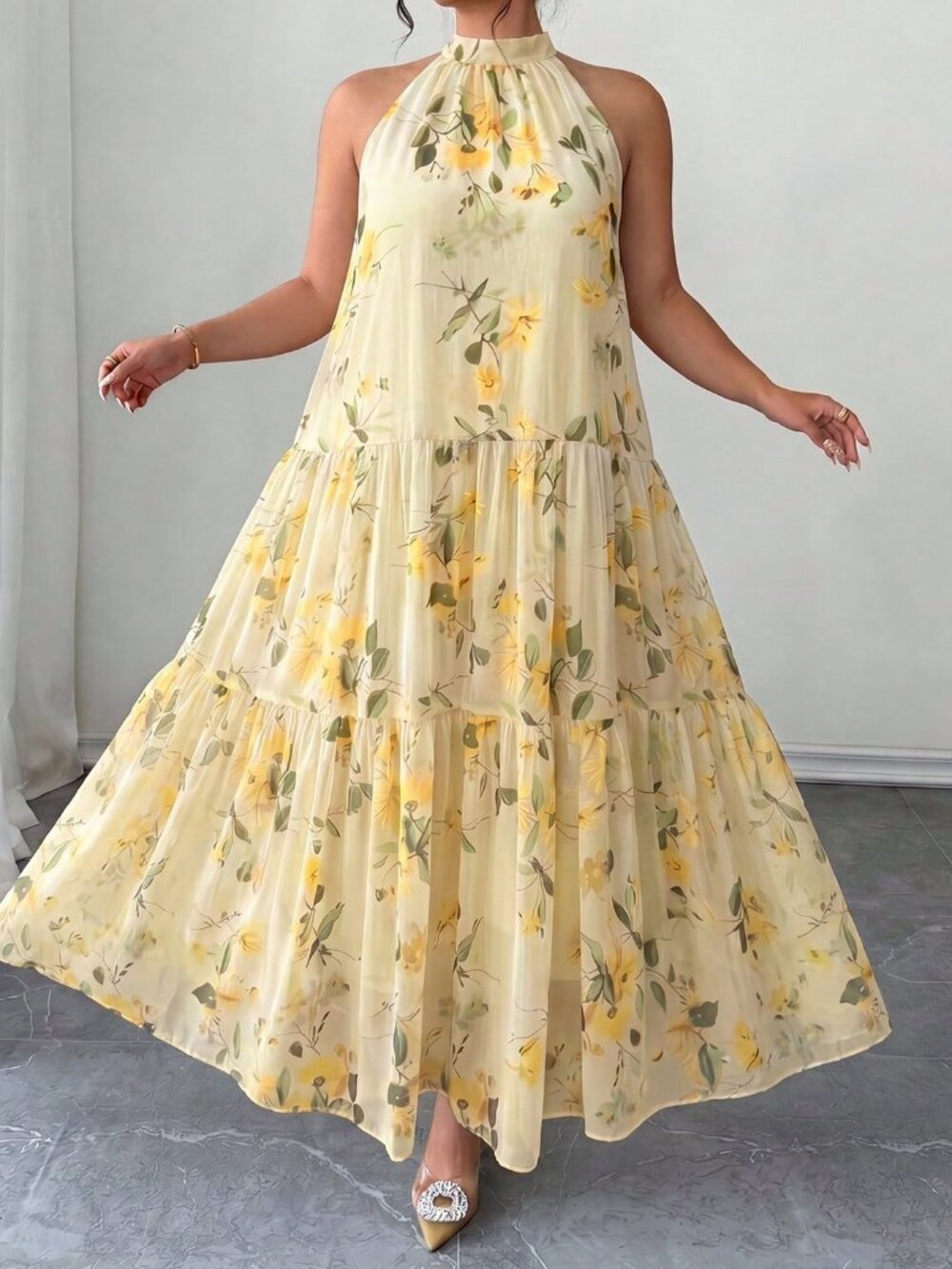 Light Yellow Boho Women's Floral Strapless Back-Tie Sleeveless Long Dress